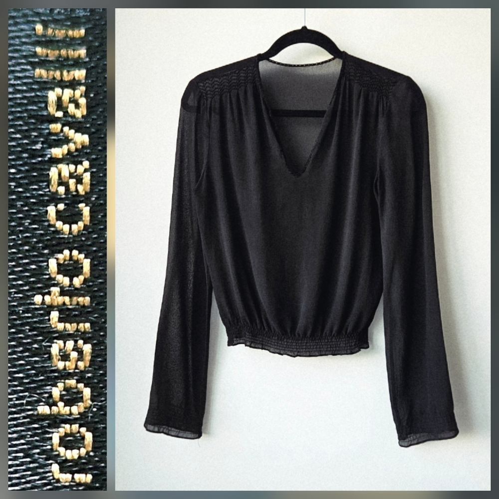 Roberto Cavalli Black Sheer V-Neck Slight Belle Sleeve Smocked Blouse